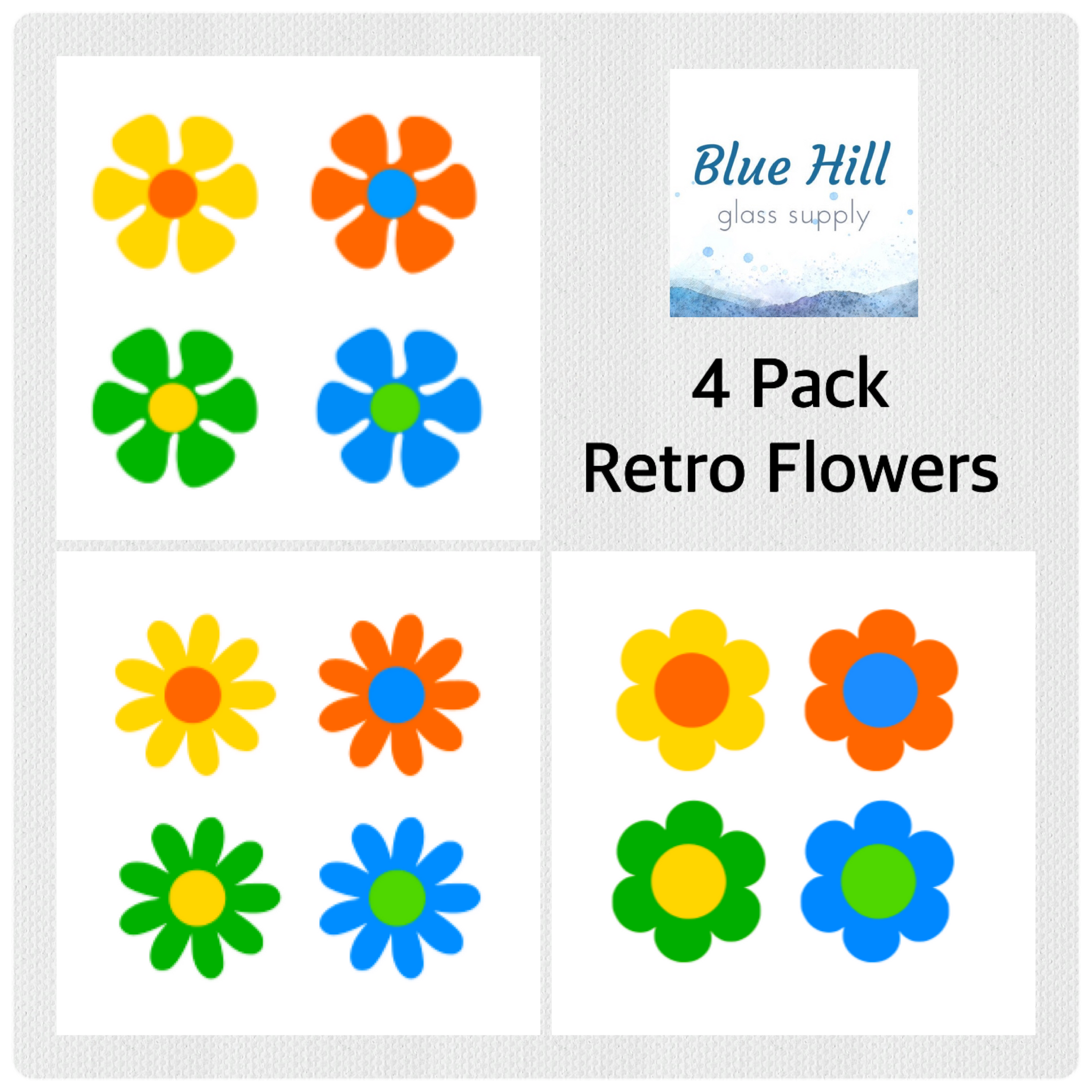 Retro Flowers 4 Pack Fusible Glass Precut - 96 COE - 90 COE - For fused glass - Stained Glass - Mosaic Art - Spring Precut Pack