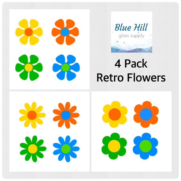 Retro Flowers 4 Pack Fusible Glass Precut - 96 COE - 90 COE - For fused glass - Stained Glass - Mosaic Art - Spring Precut Pack